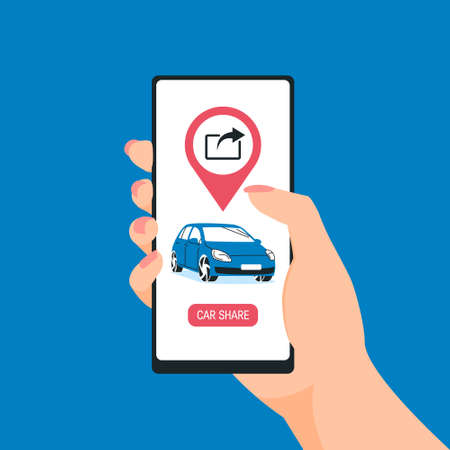 Car sharing service concept. Hand holding smartphone with an application. Modern vector illustration in flat style on a blue background.のイラスト素材