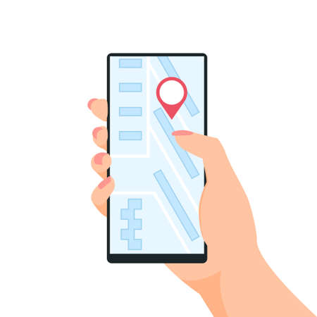 Hand holding smartphone with a geolocation mark on a navigation map. Vector illustration in flat style isolated on a white background.のイラスト素材