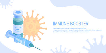 Immune booster concept. Medical design with syringe, flask and virus. Vector illustration in isometric view on a white backgroundのイラスト素材