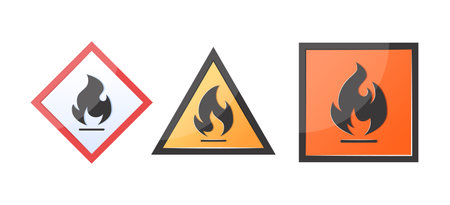 Fire hazard signs. Warning highly flammable symbols with flame icons. Vector illustration isolated...