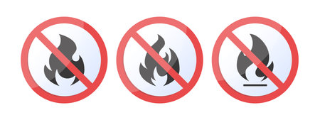 No fire icon. Set of hazard signs with flames. Vector illustration isolated on a white background.のイラスト素材