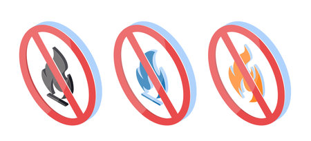 No fire 3d icons in isometric view. Hazard signs with blue and orange flames. Vector illustration isolated on a white background.のイラスト素材