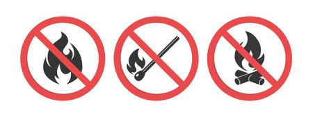 No open fire icons. Set of hazard signs with flame, match and campfire. Vector illustration isolated on a white background.のイラスト素材