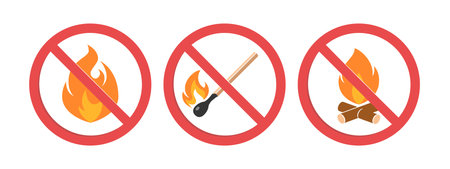No open fire icons. Set of hazard signs with flame, match and campfire. Vector illustration isolated on a white background.のイラスト素材
