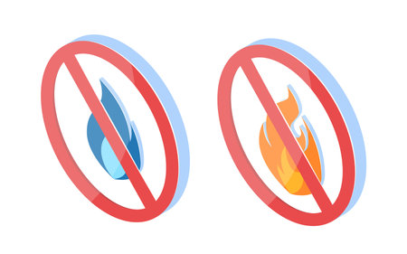 No fire 3d icons in isometric view. Hazard signs with blue and orange flames. Vector illustration isolated on a white background.のイラスト素材