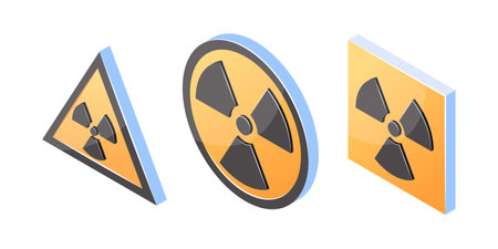 Ionizing radiation 3d signs. Set of hazard isometric icons with a trefoil. Vector illustration isolated on a white background.のイラスト素材