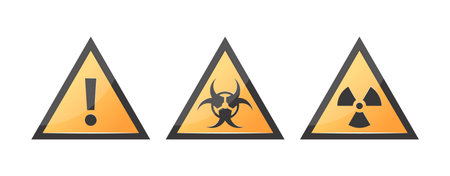 Hazard icons, yellow triangle warning signs. Generic caution, biohazard, ionizing radiation symbols. Vector illustration isolated on a white background.のイラスト素材