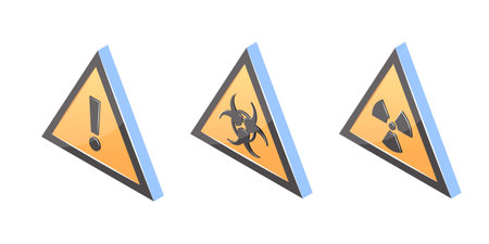 3d hazard icons, yellow triangle warning signs in isometric view. Generic caution, biohazard, ionizing radiation symbols. Vector illustration isolated on a white background.のイラスト素材
