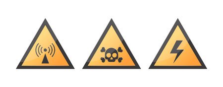 Hazard icons, yellow triangle warning signs. Non-ionizing radiation, poison, high voltage symbols. Vector illustration isolated on a white background.のイラスト素材