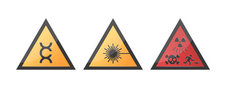Hazard icons, yellow triangle warning signs. Carcinogen, laser hazard, ionizing radiation high level source symbols. Vector illustration isolated on a white background.のイラスト素材