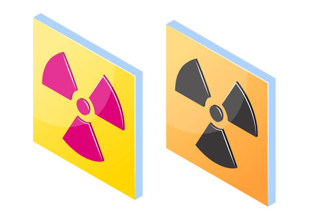 Ionizing radiation 3d signs. Hazard US and international icons with a trefoil in isometric view. Vector illustration isolated on a white background.のイラスト素材
