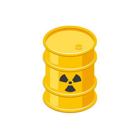 Isometric barrel with nuclear waste. 3d icon of metal yellow drum with hazardous radiation sign. Vector illustration isolated on a white background.のイラスト素材