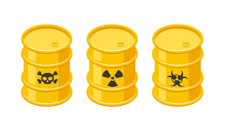 Isometric barrels with hazardous toxic waste. 3d icons of yellow metal drums with skull, radioactive and biohazard signs. Vector illustration isolated on a white background in flat style.のイラスト素材