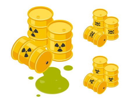 Isometric barrels with spilled toxic waste. 3d icons of yellow metal drums with radioactive, biohazard and crossbones signs. Vector illustration isolated on a white background in flat style.のイラスト素材