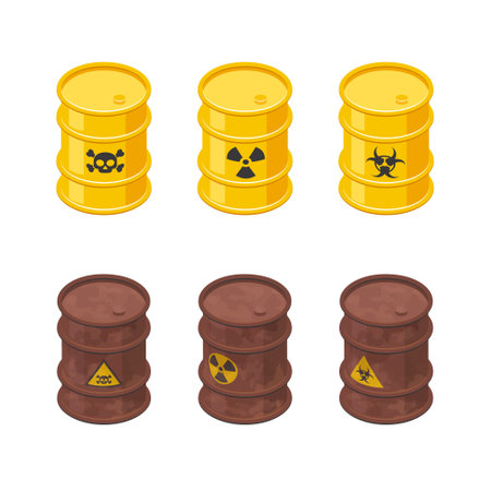 Isometric barrels with chemical toxic waste. 3d icons of yellow metal and brown rusty drums with skull, ionizing radiation and biohazard signs. Vector illustration isolated on a white background.のイラスト素材