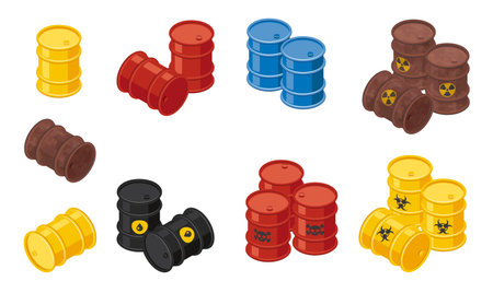 Isometric barrels with chemical toxic waste and oil. 3d icons of metal drums with skull, ionizing radiation and biohazard signs. Vector illustration isolated on a white background in flat style.のイラスト素材