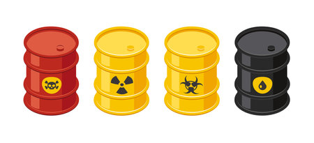 Isometric barrels with toxic waste and oil. 3d icons of steel drums with hazardous signs. Vector illustration isolated on a white background in cartoon style.のイラスト素材