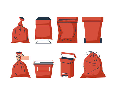Red trash bags, bins and containers. Set of icons in cartoon or flat style isolated on a white background, vector illustration.のイラスト素材