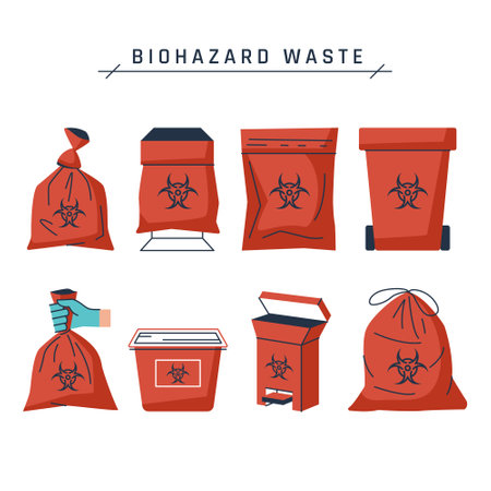 Biohazard waste bag. Red containers with hazard sign. Set of vector medical icons in cartoon or flat style isolated on a white background.のイラスト素材