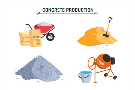 Concrete production elements. Piles of sand, gravel, cement, a wheelbarrow and a mixer. Construction site icons. Vector cartoon illustration isolated on a white background.のイラスト素材