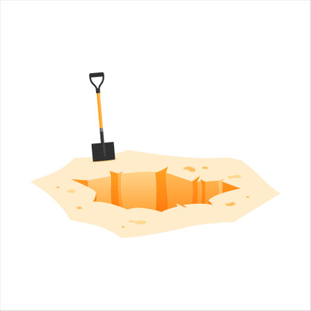 Sand hole with a metal shovel. Digging concept. Vector cartoon illustration isolated on a white background.のイラスト素材