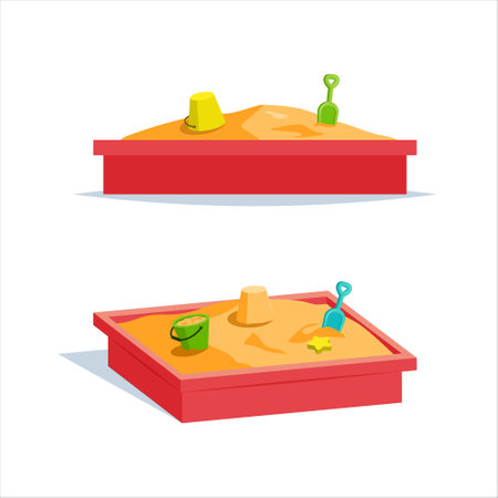 Sandbox with kids beach toys, cartoon iconsのイラスト素材