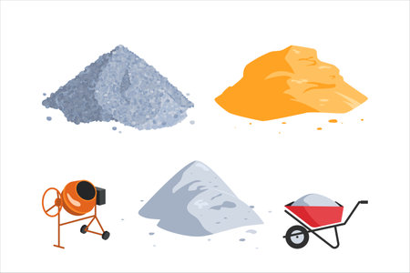 Concrete production elements. Piles of sand, cement, gravel, a wheelbarrow and a mixer. Construction site concept. Vector cartoon icons isolated on a white background.のイラスト素材