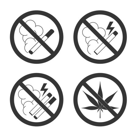 Smoking and vaping signs. Prohibition symbols with burning electronic and filtered cigarettes and cannabis leaf. Vector illustration isolated on a white background in flat styleのイラスト素材