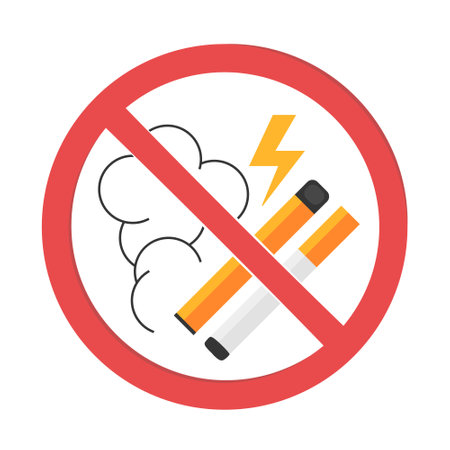 No vaping, no smoking sign. Prohibition symbol with burning electronic and filtered cigarettes. Vector illustration isolated on a white background in flat styleのイラスト素材