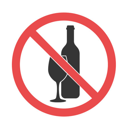 No drinking symbol. Prohibition sign with a bottle of wine and glass. Vector illustration isolated on a white background in flat style.のイラスト素材