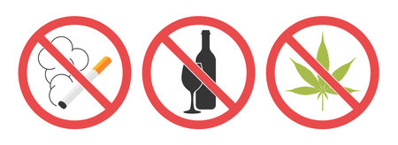 Prohibition symbols. No smoking, no drinking, no drugs. Signs with burning cigarette, hemp leaf and alcohol. Vector illustration isolated on a white background in flat styleのイラスト素材