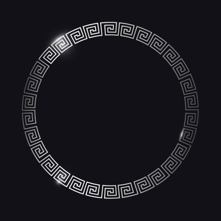Greek silver frame. Circle meander border from a repeated motif. Vector illustration on a black background.のイラスト素材