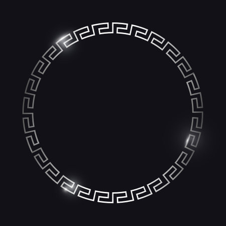 Greek silver frame. Circle meander border from a repeated motif. Vector illustration on a black background.のイラスト素材