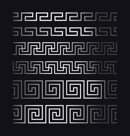 Greek border, silver seamless meander from a repeated motif - metal fret design. Vector illustration on a black background.のイラスト素材