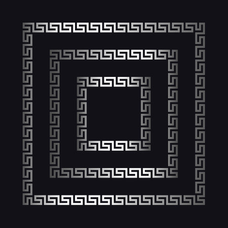 Greek silver frames. Square meander borders from a repeated motif - ancient key design. Vector illustration on a black background.のイラスト素材