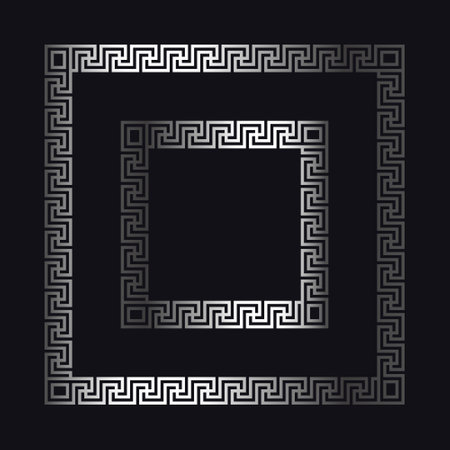 Greek silver frames. Square meander borders from a repeated motif - ancient key design. Vector illustration on a black background.のイラスト素材