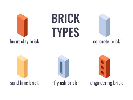 Types of bricks. Isometric icons. Set of 3d construction blocks. Vector illustration in flat style on a white background.のイラスト素材