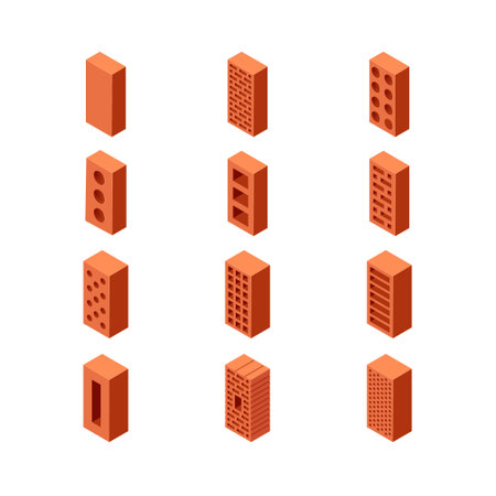 Brick isometric icons. Set of 3d construction blocks. Vector illustration in flat style on a white background.のイラスト素材