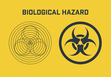Biohazard symbol. Simple geometric hazard icon. Black vector illustration isolated on a yellow background.のイラスト素材