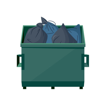 Dumpster with trash bags inside. Movable green waste container full of garbage. Vector illustration isolated on a white background in cartoon style.のイラスト素材