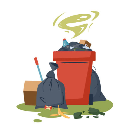 Trash heap. Dump with full bin, bags with garbage and unsorted stinky waste in the city. Vector illustration isolated on a white background in cartoon style. Environmental pollution concept.のイラスト素材