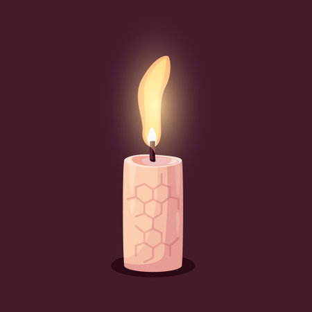 Burning paraffin candle illustration in cartoon style. Small cylinder candlestick with flame for home decor, holiday, birthday, Christmas designs. Vector isolated on a dark backgroundのイラスト素材
