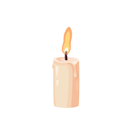 Burning candle illustration in cartoon style. Small candlestick with flame for home decor, holiday, birthday, Christmas designs. Vector isolated on a white backgroundのイラスト素材