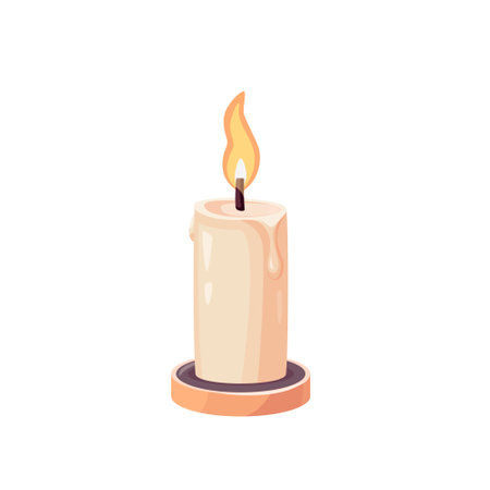 Candle illustration in cartoon style. Small burning candlestick for home decor, holiday, birthday, Christmas designs. Vector isolated on a white backgroundのイラスト素材
