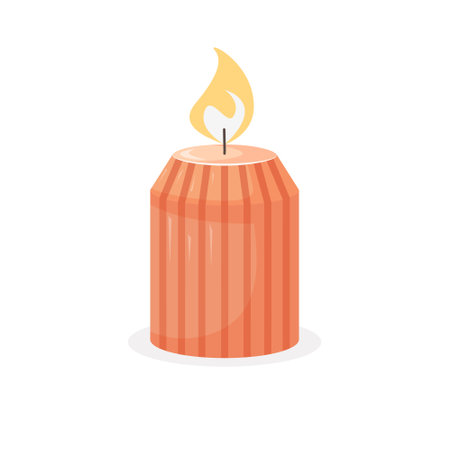 Decorative candle. Burning orange pillar candlestick for home decor, holiday, birthday, Christmas designs. Vector illustration isolated on a white background in flat style.のイラスト素材
