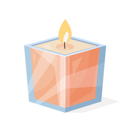 Decorative cube shaped candle in a glass holder for home decor, holiday, birthday, Christmas designs. Vector illustration isolated on a white background in flat style.のイラスト素材