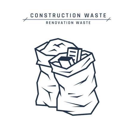 Construction waste removal. Bags with renovation trash. Brick, concrete and loose garbage in polythene sacks. Demolition garbage on a site or landfill. Vector flat icon isolated on a white background.のイラスト素材