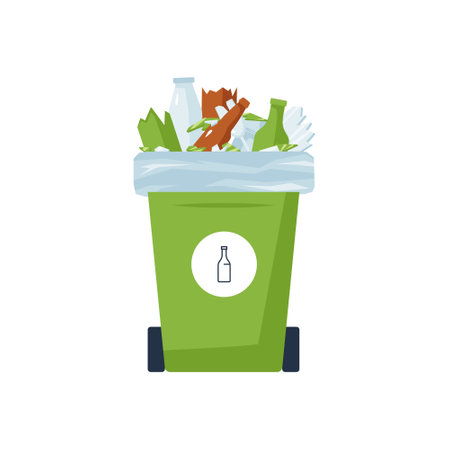 Recycling glass, bin with broken bottles. Waste segregation concept. Green dustbin full of shards and other garbage. Rubbish management item. Isolated cartoon or flat vector objects.のイラスト素材