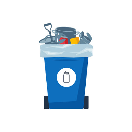 Metal trash recycling. Garbage bin with iron scrap. Waste sorting concept. Blue dustbin with a pile of used aluminum cans. Rubbish segregation. Isolated cartoon or flat vector object for eco designs.のイラスト素材