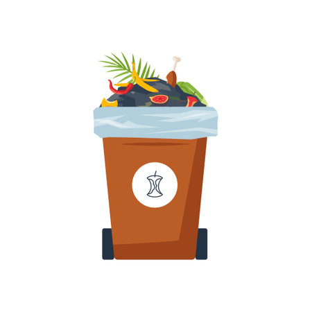 Bin with organic waste. Brown recycling dustbin with pile of food trash, banana, apple leftovers, plants. Garbage sorting concept. Isolated cartoon or flat vector object for environmental designs.のイラスト素材